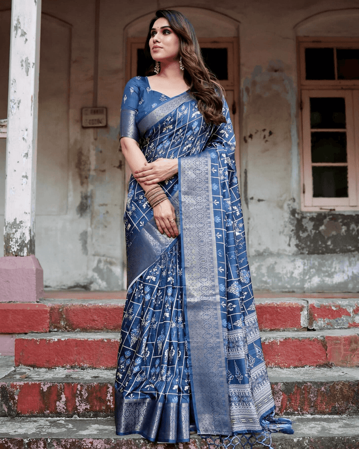 Impressive Navy Blue Color Jacquard Silk Saree