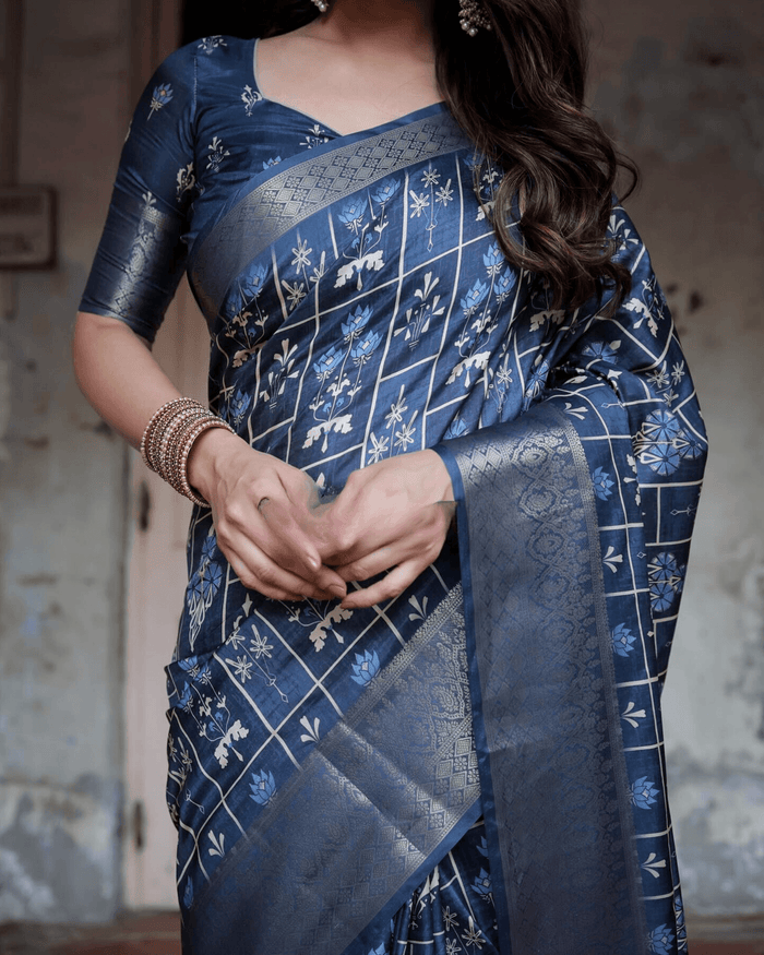 Impressive Navy Blue Color Jacquard Silk Saree