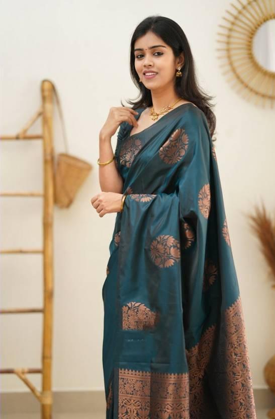 Jacquard Silk Sarees Rama Colour, casual wear - Ibis Fab