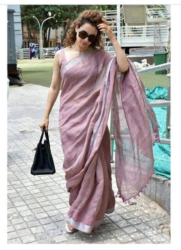 Light purple Colour Women's Plain Linen Saree With Party Wear