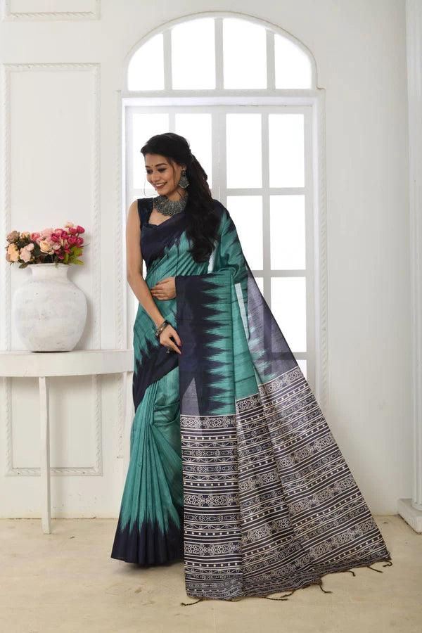 Linen saree in blue, dazzling party wear - Ibis Fab