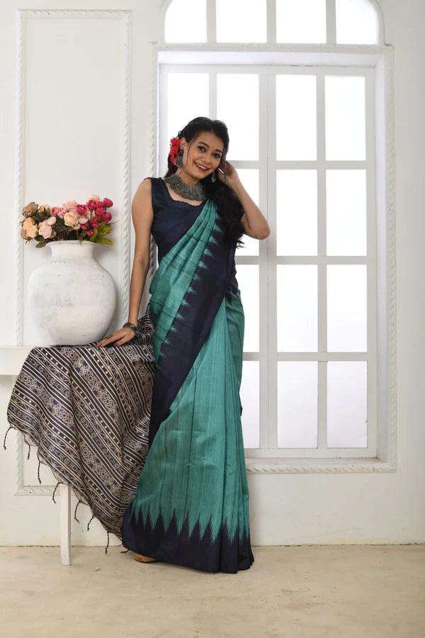 Linen saree in blue, dazzling party wear - Ibis Fab