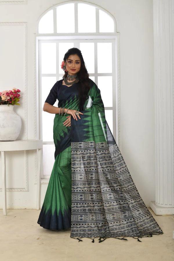 Linen saree in green, dazzling party wear - Ibis Fab