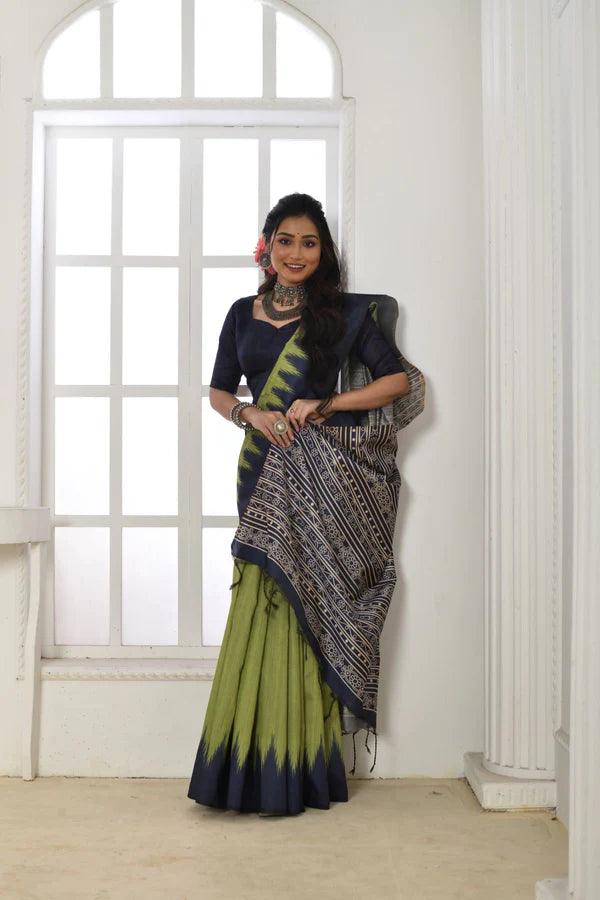 Linen saree in parrot green, dazzling party wear