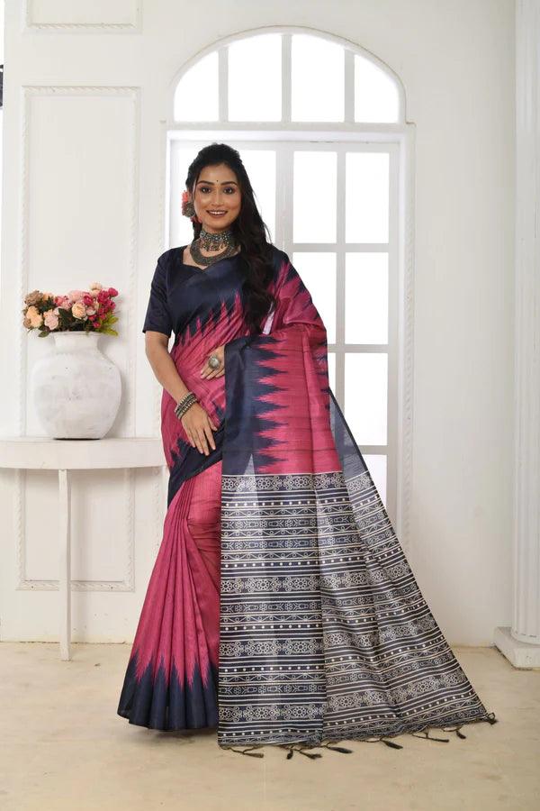 Linen saree in pink, dazzling party wear - Ibis Fab