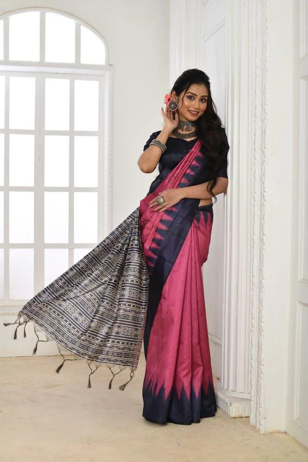 Linen saree in pink, dazzling party wear - Ibis Fab