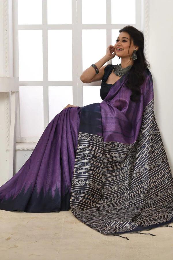 Linen saree in purple, dazzling party wear - Ibis Fab