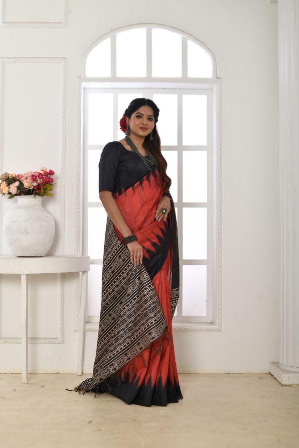 Linen saree in red, dazzling party wear - Ibis Fab