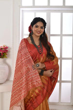 Linen saree in yellow, dazzling party wear - Ibis Fab