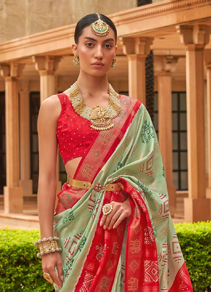 Magnetic Pista Green And Red Colored Printed Pure Soft Silk Saree