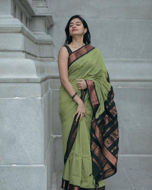 Mint Green & Black Banarasi Soft Silk Saree With Zari Weaving Work - Ibis Fab