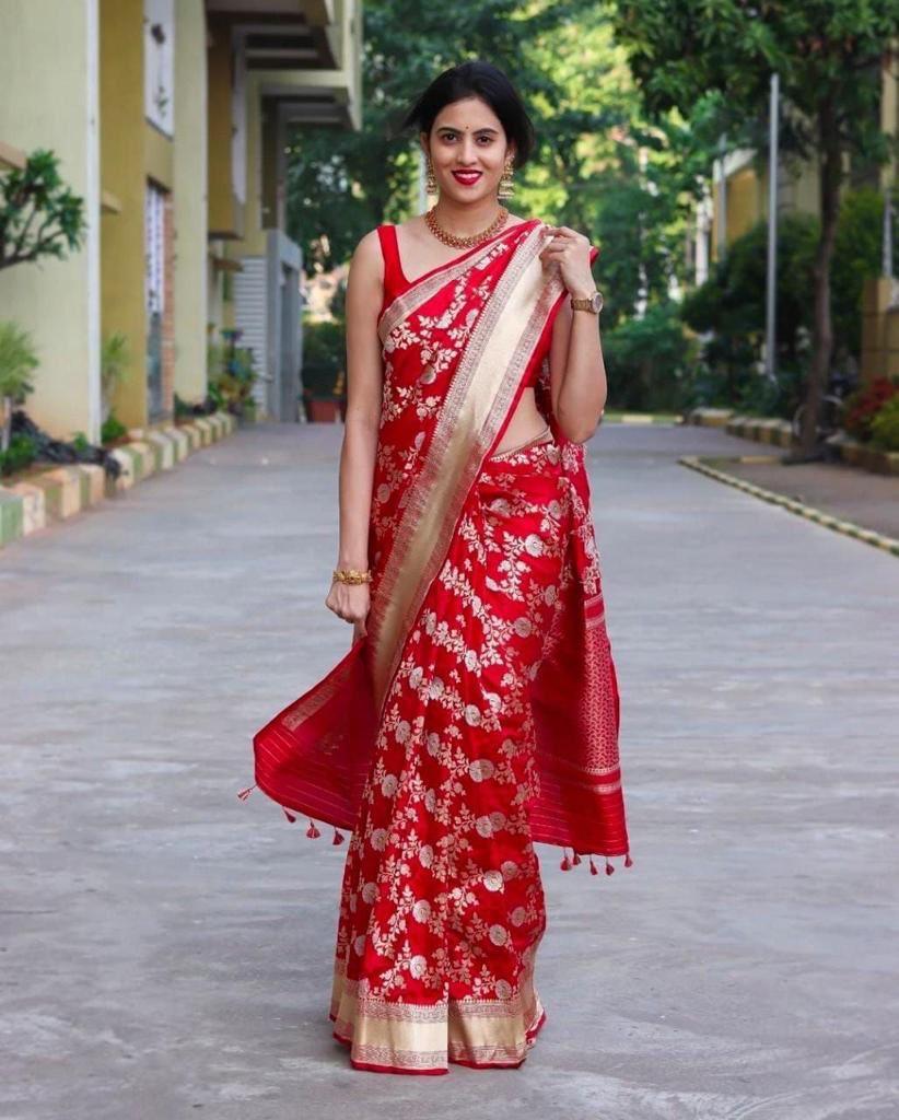 Mirchi Red Pure Lichi Silk Saree For Wedding Special - Ibis Fab