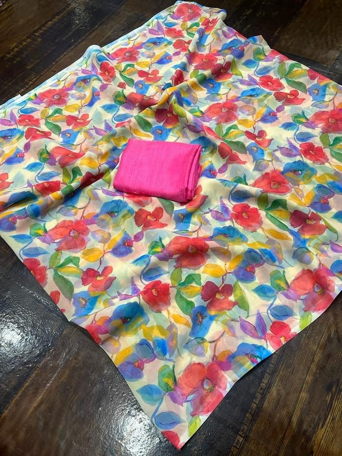 New Designer Printed Linen Saree