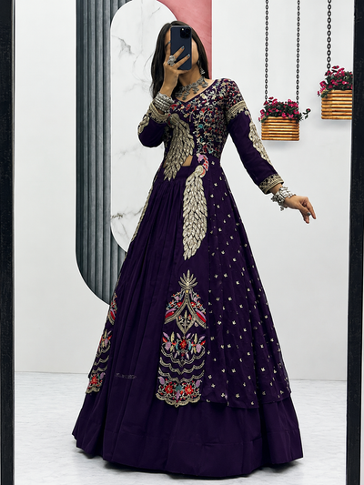 Royal Purple Vichitra Silk Embroidered Lehenga Choli Set