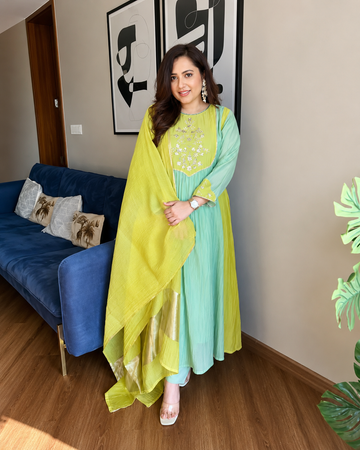 Elegant Mint Green & Lime Yellow Embroidered Anarkali Suit Set