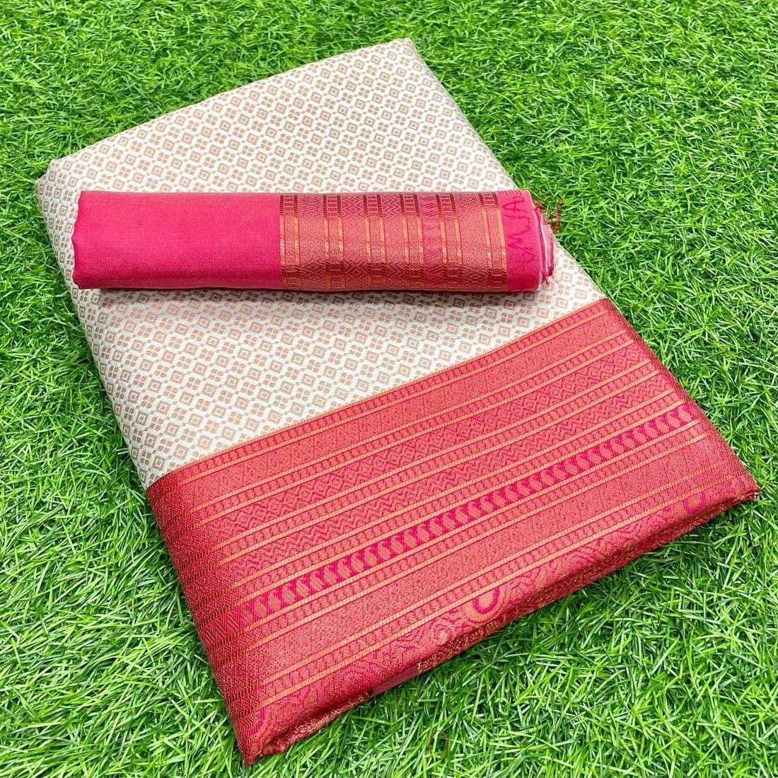 Off white & Pink jacquard banarasi silk saree - Ibis Fab