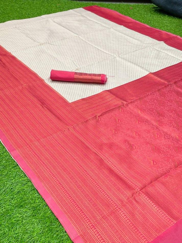 Off white & Pink jacquard banarasi silk saree - Ibis Fab