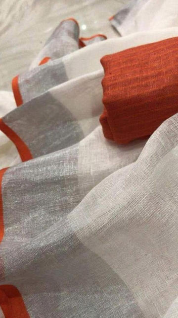 Off White Colour Women's Plain Linen Saree With Party Wear