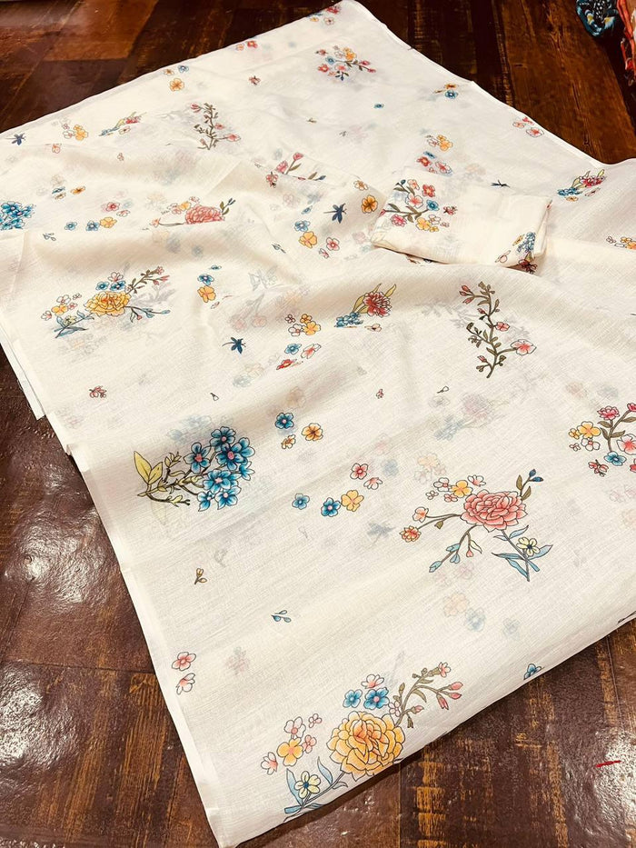 Off White Digital Printed Linen Latest Saree