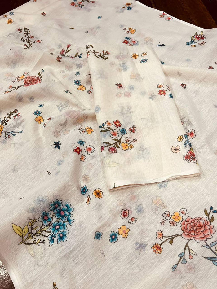 Off White Digital Printed Linen Latest Saree