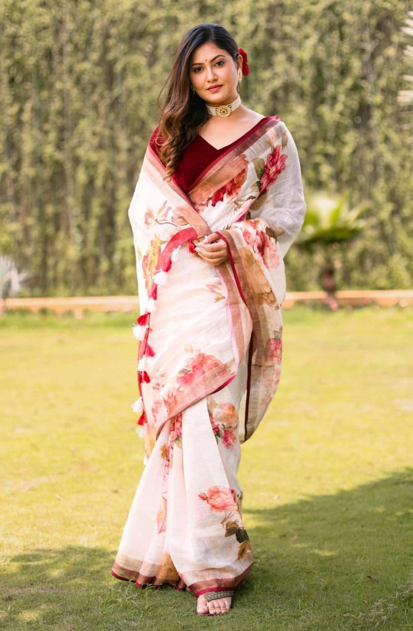 Off White Women's Silk Digital Printed Traditional Saree With Blouse - Ibis Fab