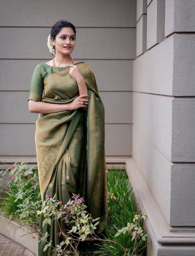 Olive Green Art Silk Jacquard Work Saree - Ibis Fab