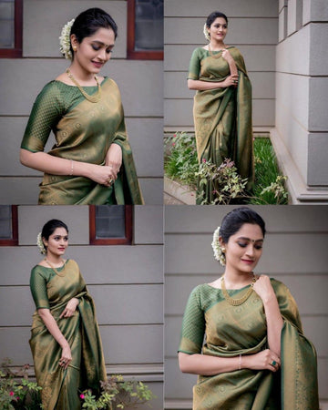 Olive Green Art Silk Jacquard Work Saree