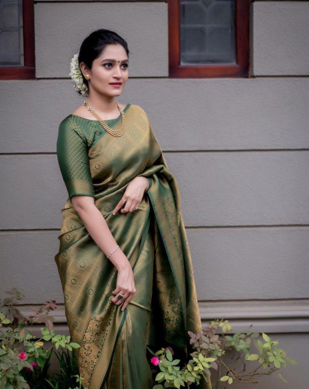 Olive Green Art Silk Jacquard Work Saree - Ibis Fab