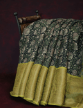 Opulent Dark Green Colored Cotton Linen Designer Printed Saree
