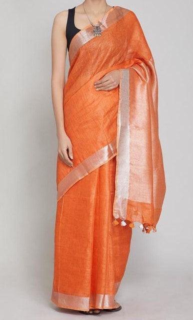 Orange Colour Women's Plain Linen Saree With Casual wear - Ibis Fab