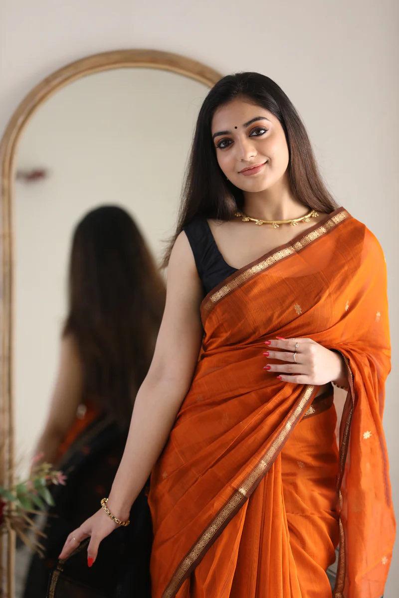 Orange Linen Silk jacquard Weaving Saree - Ibis Fab