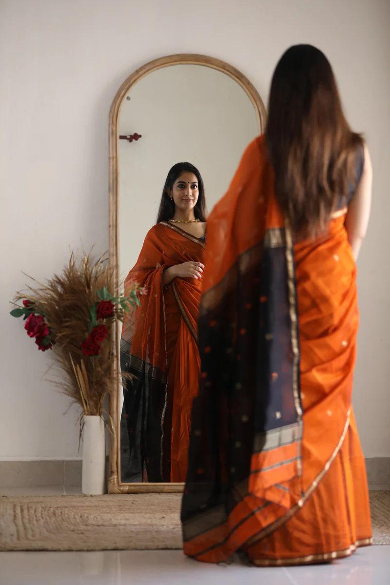 Orange Linen Silk jacquard Weaving Saree - Ibis Fab