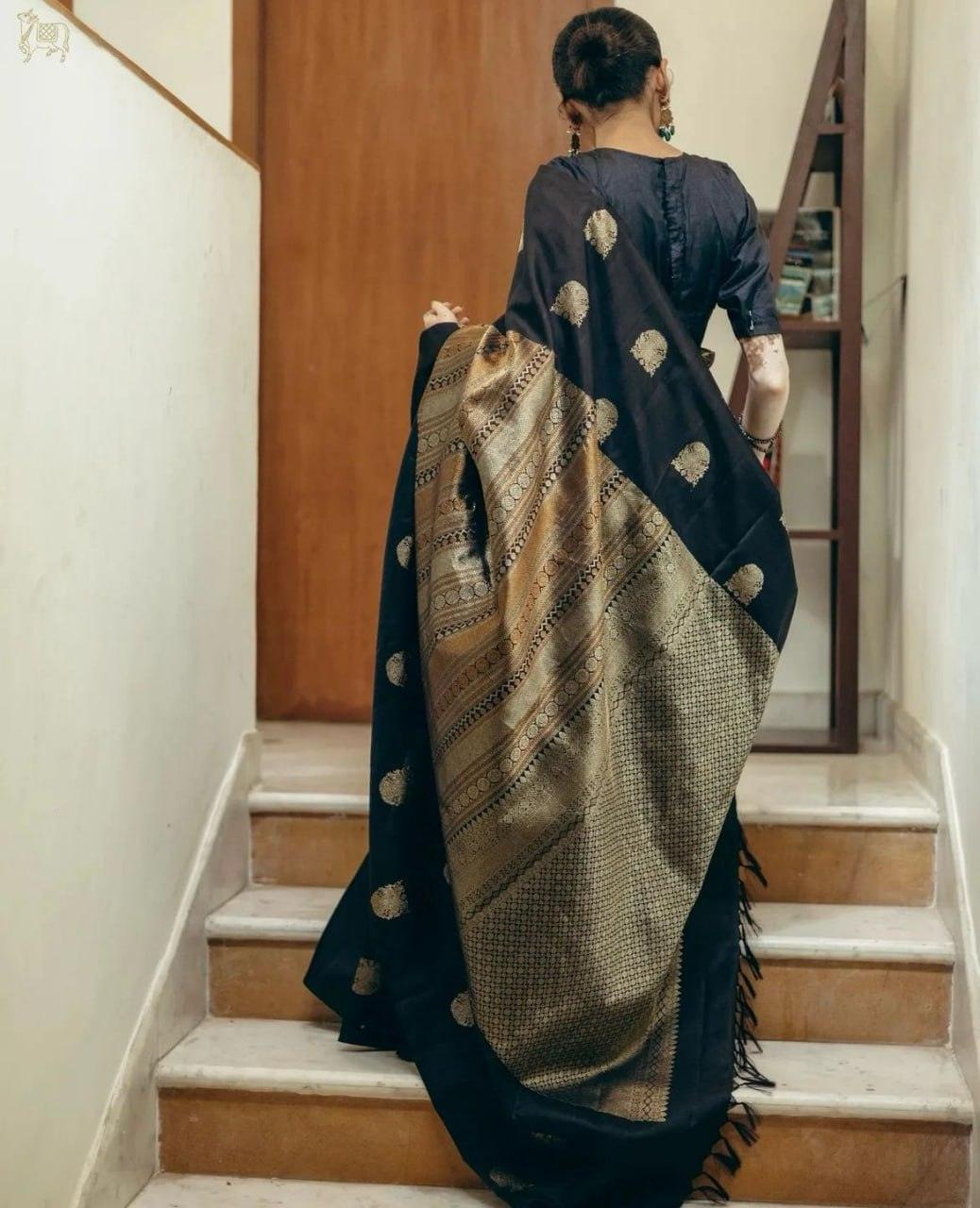 Ornate Black Soft Silk Saree - Ibis Fab