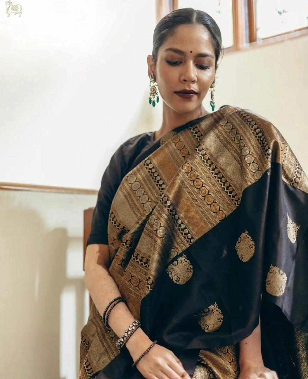 Ornate Black Soft Silk Saree - Ibis Fab