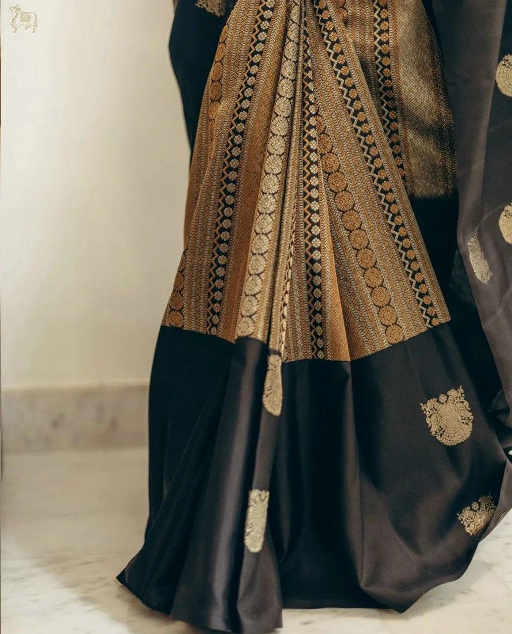 Ornate Black Soft Silk Saree - Ibis Fab