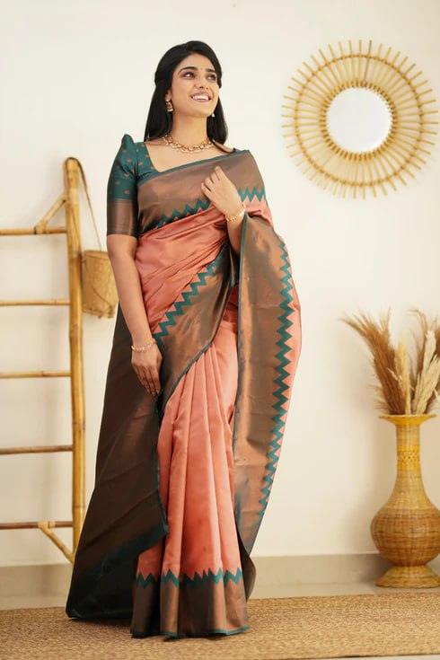 Peach Jacquard Work Soft Lichi Silk Saree - Ibis Fab