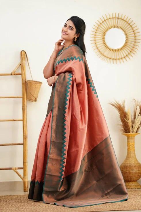 Peach Jacquard Work Soft Lichi Silk Saree - Ibis Fab