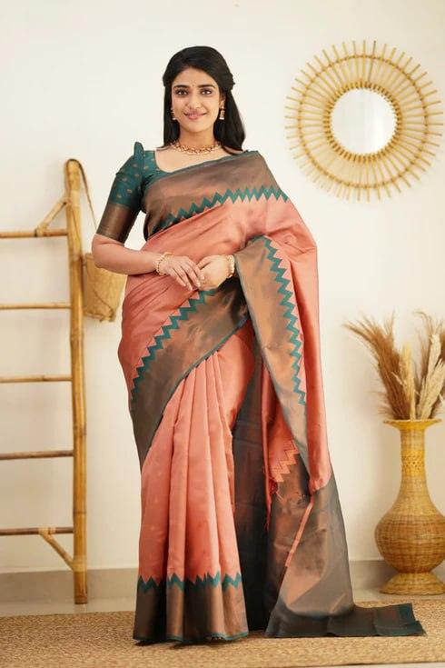 Peach Jacquard Work Soft Lichi Silk Saree - Ibis Fab