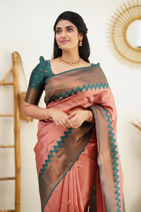 Peach Jacquard Work Soft Lichi Silk Saree - Ibis Fab