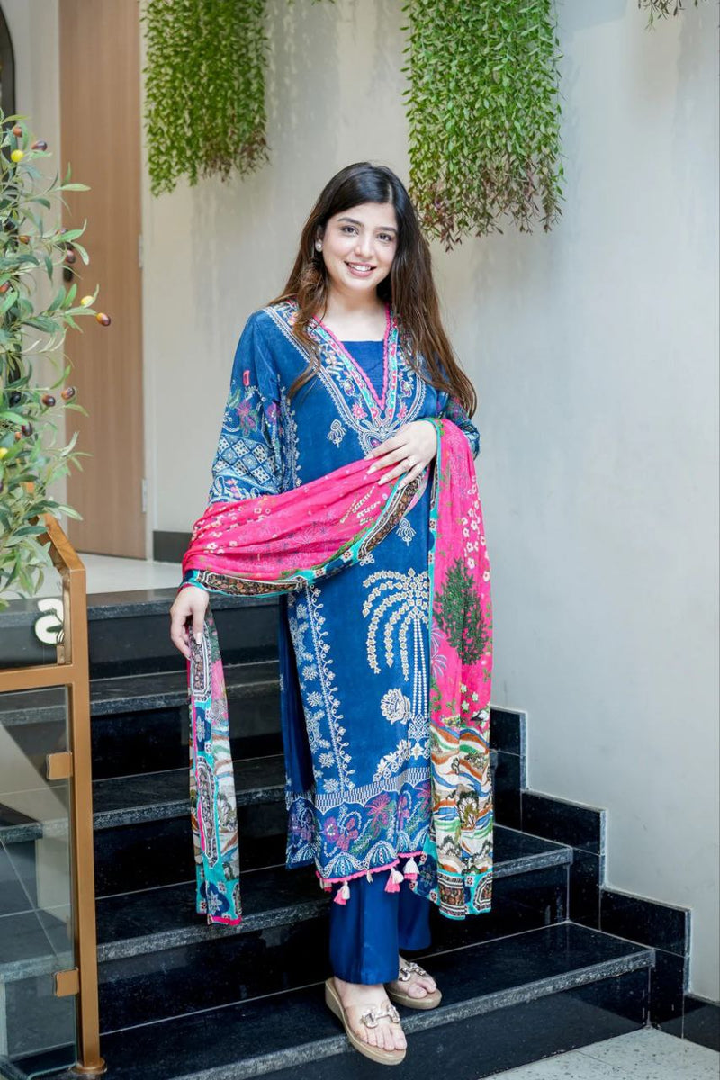 Navy Blue Muslin Suit with Embroidery and Printed Dupatta