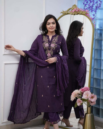 Purple Mul Cotton Suit Set with Viscose Embroidery & Dupatta