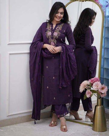 Purple Mul Cotton Suit Set with Viscose Embroidery & Dupatta