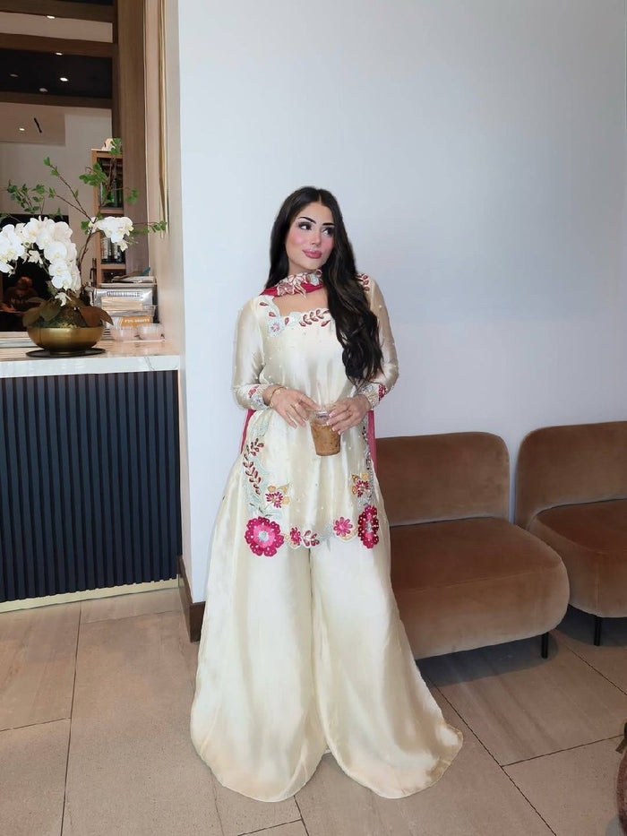 Ivory Embroidered Roman Glass Kurta Palazzo Set