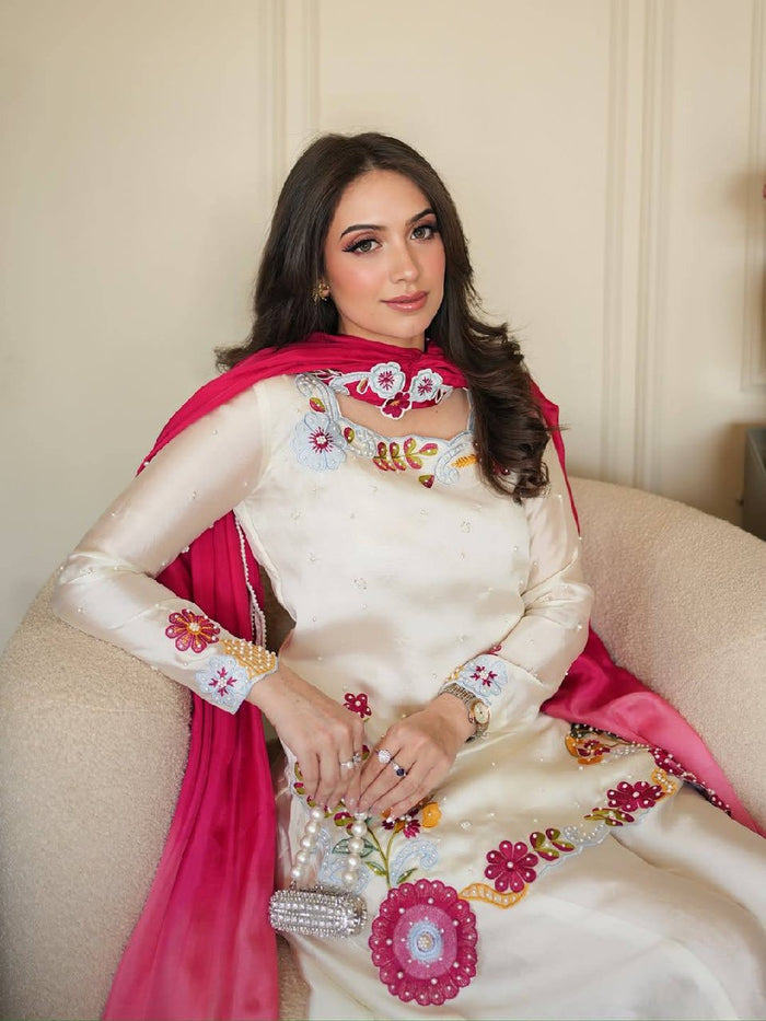 Ivory Embroidered Roman Glass Kurta Palazzo Set