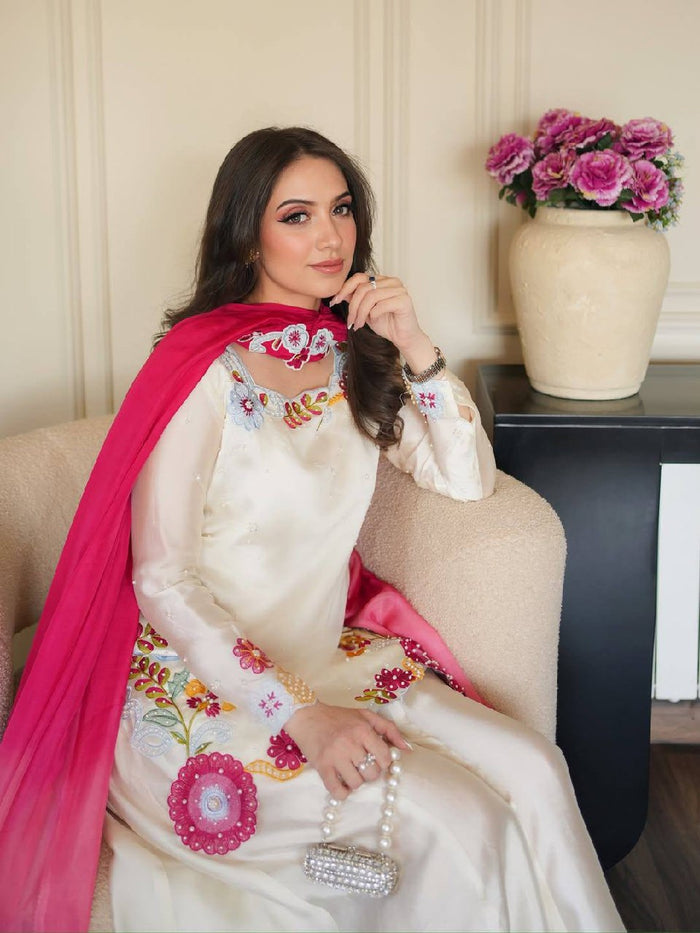 Ivory Embroidered Roman Glass Kurta Palazzo Set
