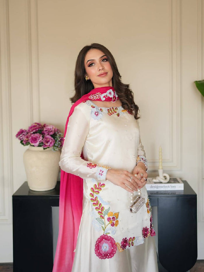Ivory Embroidered Roman Glass Kurta Palazzo Set