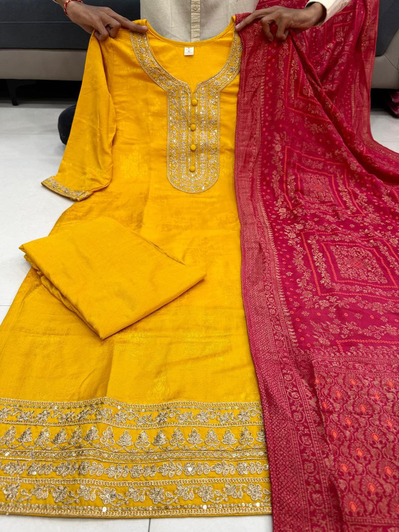 Haldi Designer Pure Banarasi Jacquard Weaving Suit Set with Dupatta