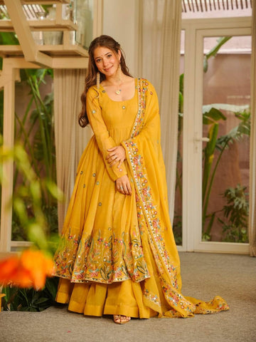 Yellow Crunchy Silk Anarkali Sharara Suit Set