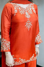 Elegant Sunset Orange Mul Chanderi Handcrafted Suit Set