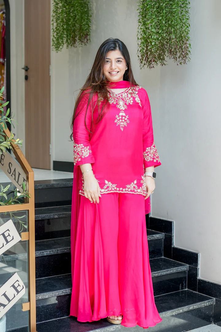 Premium Pure Mul Chanderi Handwork Suit Set – Top, Palazzo & Chiffon Dupatta